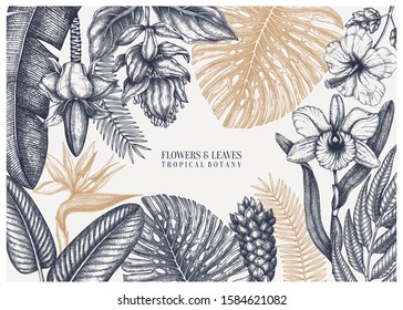 Tropical paradise frame design. With hand drawn exotic flowers and palm leaves sketches. Tropical wedding invitation or card template.  Exotic plants vintage background. Vector botanical illustration.