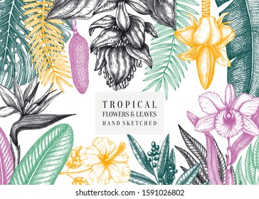 Tropical paradise frame design. With hand drawn exotic flowers and palm leaves sketches. Tropical wedding invitation or card template.  Exotic plants vintage background. Vector botanical illustration.