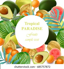 Tropical Paradise fruits avocado, papaya, gooseberry, palm leaves