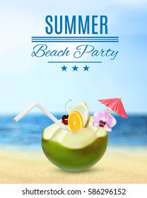 Tropical paradise. Green coconut cocktail on a beach with drinking straw. Tropic cocktail. Summer beach party flyer. EPS10 vector.