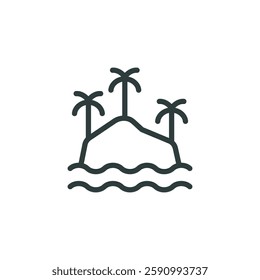 Tropical paradise island with coconut palm trees outline icon. Line sign wild uninhabited island. Vector isolated pictogram for web and app on white background editable stroke.