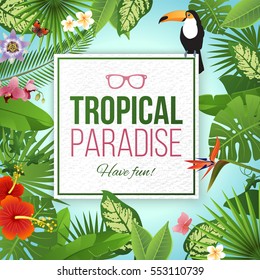Tropical paradise label over background with leaves and flowers