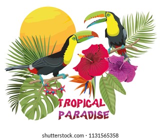 Tropical paradise label. Summer time card design. Tropical birds and plants illustration