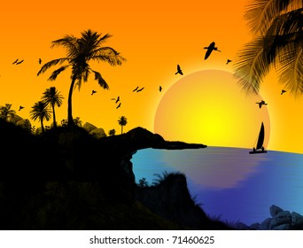 Tropical paradise landscape at sunset, vector illustration