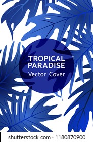Tropical paradise leaf vector cover. Stylish floral A4 design. Exotic tropic plant leaf vector. Summer banner template. Tropical forest plant element, round frame and title place
