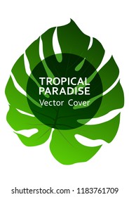 Tropical paradise leaf vector cover layout. Cool floral A4 design. Exotic tropic plant leaf vector. Summer card template. Tropical forest plant foliage, circle frame and title place