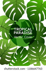 Tropical paradise leaf vector cover. Cool floral A4 page design. Exotic tropic plant leaf vector. Summer poster design. Tropical forest plant element, round frame and title place