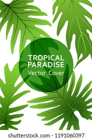 Tropical paradise leaf vector cover. Cool floral A4 page design. Exotic tropic plant leaf vector. Summer poster design. Tropical forest plant element, round frame and title place