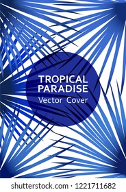 Tropical paradise leaf vector cover. Cool floral A4 design. Exotic tropic plant leaf vector. Summer flyer design. Tropical forest plant foliage, round frame and title place