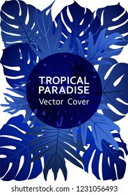 Tropical paradise leaf vector cover. Fashionable floral A4 design. Exotic tropic plant leaf vector. Summer card design. Tropical forest plant element, circle frame and title place