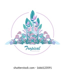 Tropisches Paradies. Feiner Hintergrund, Rahmen, Poster, Emblem. Banana, Monstera, Farn. Dschungel. Exotische Pflanzen einzeln auf weißem Hintergrund. In einem Kreis eingeschlossene Vektorillustration.
