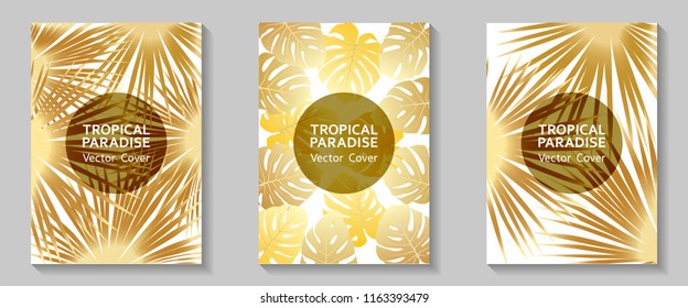 Tropical paradise leaves vector covers set. Fashionable floral A4 design. Exotic tropic plant leaf vector. Summer flyer template. Tropical forest plant gold foliage, circle frame, title place