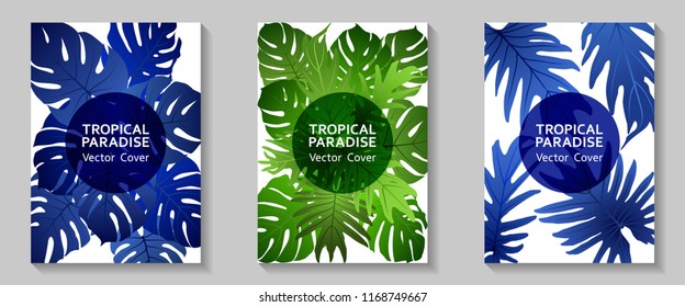 Tropical paradise leaves vector covers set. Fashionable floral A4 design. Exotic tropic plant leaf vector. Summer banner design. Tropical forest plant foliage, circle frame, title place.