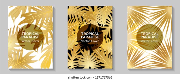Tropical paradise leaves vector covers set. Stylish floral A4 design. Exotic tropic plant leaf vector. Summer banner design. Tropical forest plant gold foliage, circle frame, title place