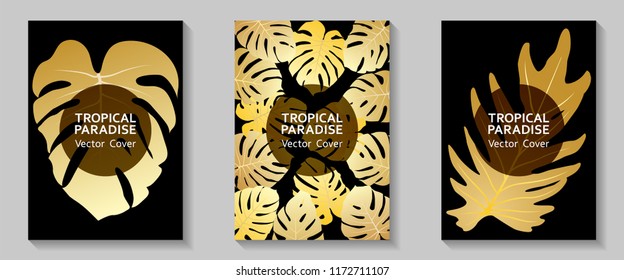 Tropical paradise leaves vector covers set. Stylish floral A4 design. Exotic tropic plant leaf vector. Summer flyer template. Tropical forest plant gold foliage, circle frame, title place