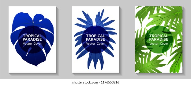 Tropical paradise leaves vector covers set. Fashionable floral A4 design. Exotic tropic plant leaf vector. Summer flyer template. Tropical forest plant foliage, circle frame, title place.