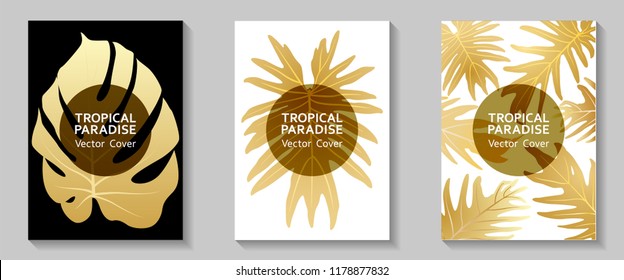 Tropical paradise leaves vector covers set. Cool floral A4 page design. Exotic tropic plant leaf vector. Summer banner design. Tropical forest plant gold foliage, circle frame, title place