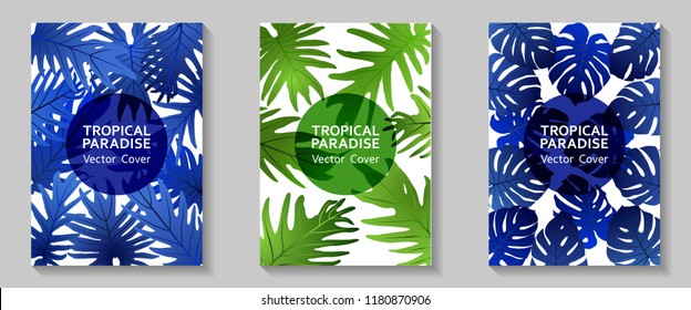 Tropical paradise leaves vector covers set. Stylish floral A4 design. Exotic tropic plant leaf vector. Summer card design. Tropical forest plant foliage, circle frame, title place.