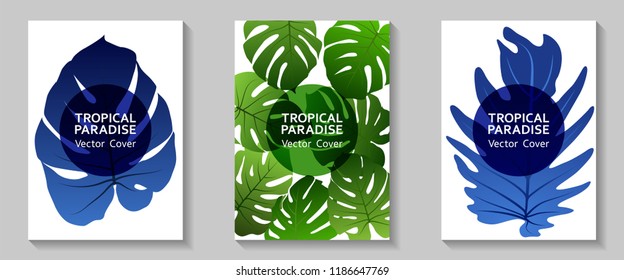 Tropical paradise leaves vector covers set. Cool floral A4 design. Exotic tropic plant leaf vector. Summer card design. Tropical forest plant foliage, circle frame, title place.