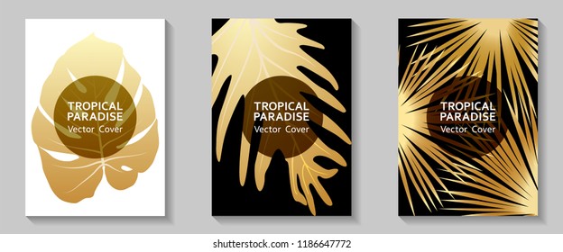 Tropical paradise leaves vector covers set. Fashionable floral A4 design. Exotic tropic plant leaf vector. Summer banner template. Tropical forest plant gold foliage, circle frame, title place