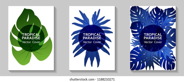 Tropical paradise leaves vector covers set. Cool floral A4 page design. Exotic tropic plant leaf vector. Summer flyer template. Tropical forest plant foliage, circle frame, title place.