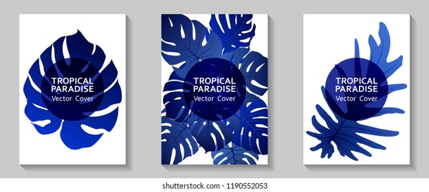 Tropical paradise leaves vector covers set. Cool floral A4 page design. Exotic tropic plant leaf vector. Summer card template. Tropical forest plant foliage, circle frame, title place.