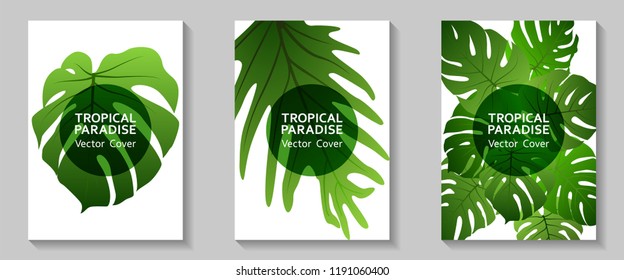 Tropical paradise leaves vector covers set. Stylish floral A4 design. Exotic tropic plant leaf vector. Summer card design. Tropical forest plant foliage, circle frame, title place.