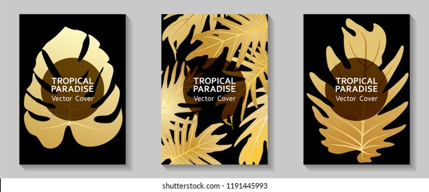 Tropical paradise leaves vector covers set. Cool floral A4 page design. Exotic tropic plant leaf vector. Summer card template. Tropical forest plant gold foliage, circle frame, title place