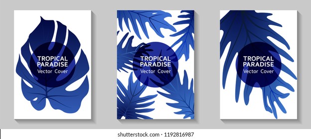 Tropical paradise leaves vector covers set. Stylish floral A4 design. Exotic tropic plant leaf vector. Summer flyer template. Tropical forest plant foliage, circle frame, title place.