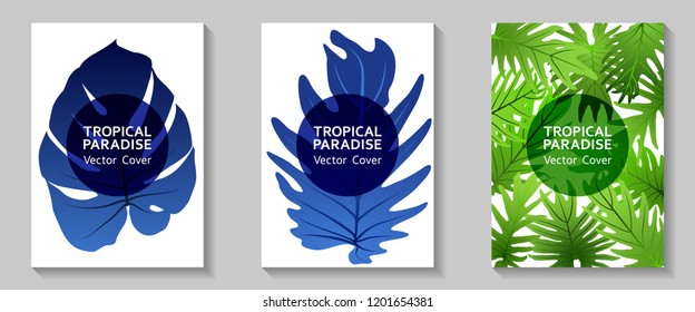 Tropical paradise leaves vector covers set. Trendy floral A4 design. Exotic tropic plant leaf vector. Summer poster design. Tropical forest plant foliage, circle frame, title place.