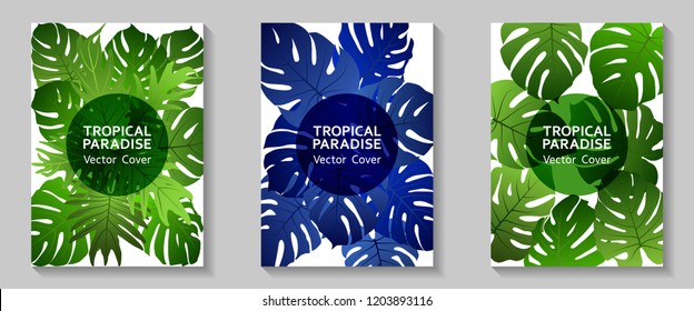 Tropical paradise leaves vector covers set. Stylish floral A4 design. Exotic tropic plant leaf vector. Summer banner design. Tropical forest plant foliage, circle frame, title place.