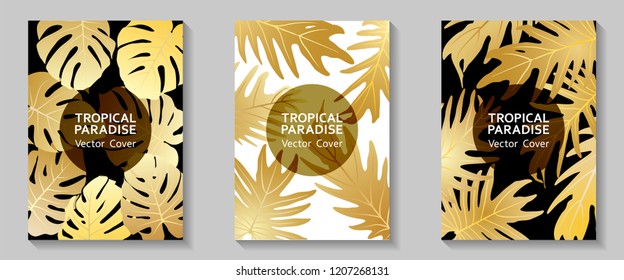 Tropical paradise leaves vector covers set. Stylish floral A4 design. Exotic tropic plant leaf vector. Summer poster design. Tropical forest plant gold foliage, circle frame, title place