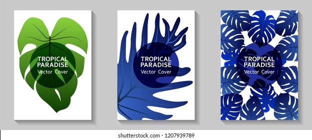 Tropical paradise leaves vector covers set. Cool floral A4 design. Exotic tropic plant leaf vector. Summer card design. Tropical forest plant foliage, circle frame, title place.