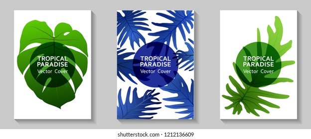 Tropical paradise leaves vector covers set. Stylish floral A4 design. Exotic tropic plant leaf vector. Summer poster template. Tropical forest plant foliage, circle frame, title place.