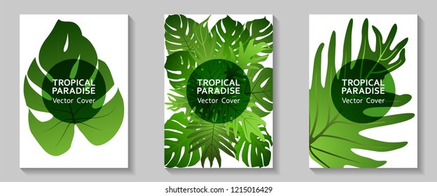 Tropical paradise leaves vector covers set. Fashionable floral A4 design. Exotic tropic plant leaf vector. Summer poster template. Tropical forest plant foliage, circle frame, title place.