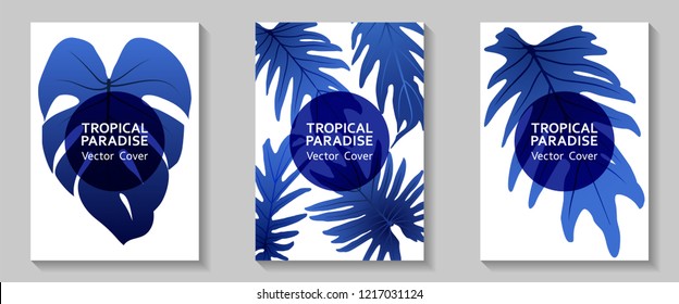 Tropical paradise leaves vector covers set. Fashionable floral A4 design. Exotic tropic plant leaf vector. Summer flyer design. Tropical forest plant foliage, circle frame, title place.
