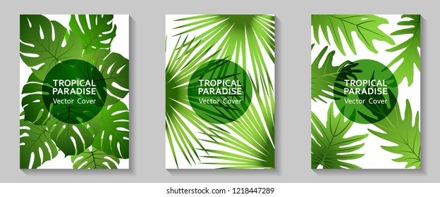 Tropical paradise leaves vector covers set. Trendy floral A4 design. Exotic tropic plant leaf vector. Summer flyer template. Tropical forest plant foliage, circle frame, title place.