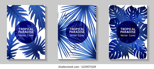 Tropical paradise leaves vector covers set. Stylish floral A4 design. Exotic tropic plant leaf vector. Summer poster template. Tropical forest plant foliage, circle frame, title place.