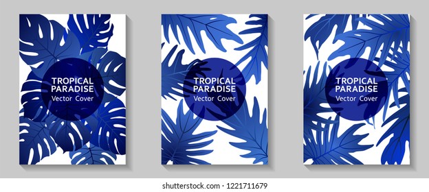 Tropical paradise leaves vector covers set. Fashionable floral A4 design. Exotic tropic plant leaf vector. Summer poster design. Tropical forest plant foliage, circle frame, title place.