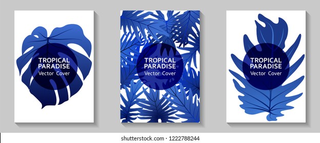 Tropical paradise leaves vector covers set. Cool floral A4 page design. Exotic tropic plant leaf vector. Summer card template. Tropical forest plant foliage, circle frame, title place.