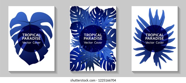 Tropical paradise leaves vector covers set. Trendy floral A4 design. Exotic tropic plant leaf vector. Summer card template. Tropical forest plant foliage, circle frame, title place.