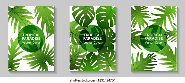Tropical paradise leaves vector covers set. Trendy floral A4 design. Exotic tropic plant leaf vector. Summer poster template. Tropical forest plant foliage, circle frame, title place.