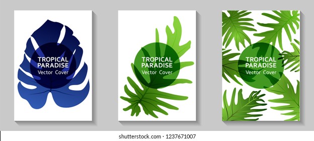 Tropical paradise leaves vector covers set. Cool floral A4 page design. Exotic tropic plant leaf vector. Summer banner design. Tropical forest plant foliage, circle frame, title place.