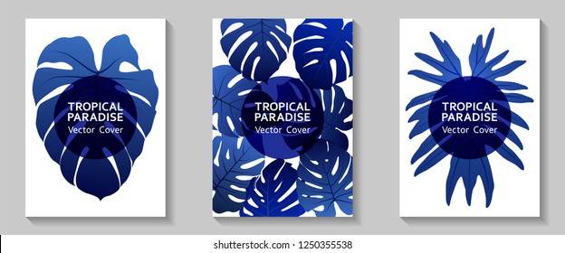 Tropical paradise leaves vector covers set. Trendy floral A4 design. Exotic tropic plant leaf vector. Summer banner design. Tropical forest plant foliage, circle frame, title place.