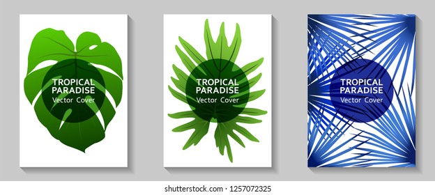 Tropical paradise leaves vector covers set. Stylish floral A4 design. Exotic tropic plant leaf vector. Summer banner design. Tropical forest plant foliage, circle frame, title place.