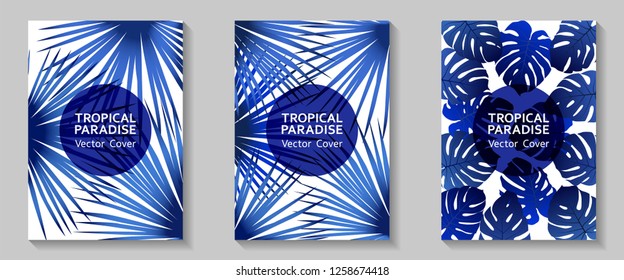 Tropical paradise leaves vector covers set. Trendy floral A4 design. Exotic tropic plant leaf vector. Summer banner template. Tropical forest plant foliage, circle frame, title place.