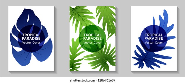 Tropical paradise leaves vector covers set. Cool floral A4 design. Exotic tropic plant leaf vector. Summer card design. Tropical forest plant foliage, circle frame, title place.