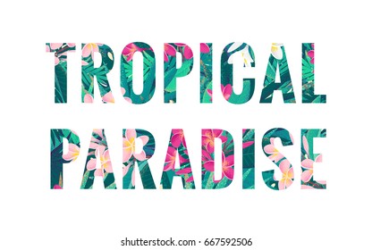 Letrería del paraíso tropical. Letras tropicales vectoriales retro con flores y hojas de palmera frangipani rosas y blancas (plumeria)