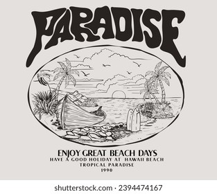 Tropical paradise. Long beach summer time print design. Beach Paradise Print t shirt graphics design, typography slogan on palm trees background. Summer beach vibes. Surfing club. secret island.