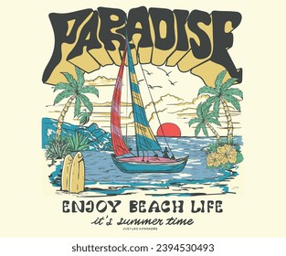 Tropisches Paradies. Lange Strandsommerzeitschrift Design. Beach Paradise Print t Shirt Grafik Design, Typografie Slogan auf Palmen Hintergrund. Der Sommer-Strand strahlt aus. Surfclub. geheime Insel.